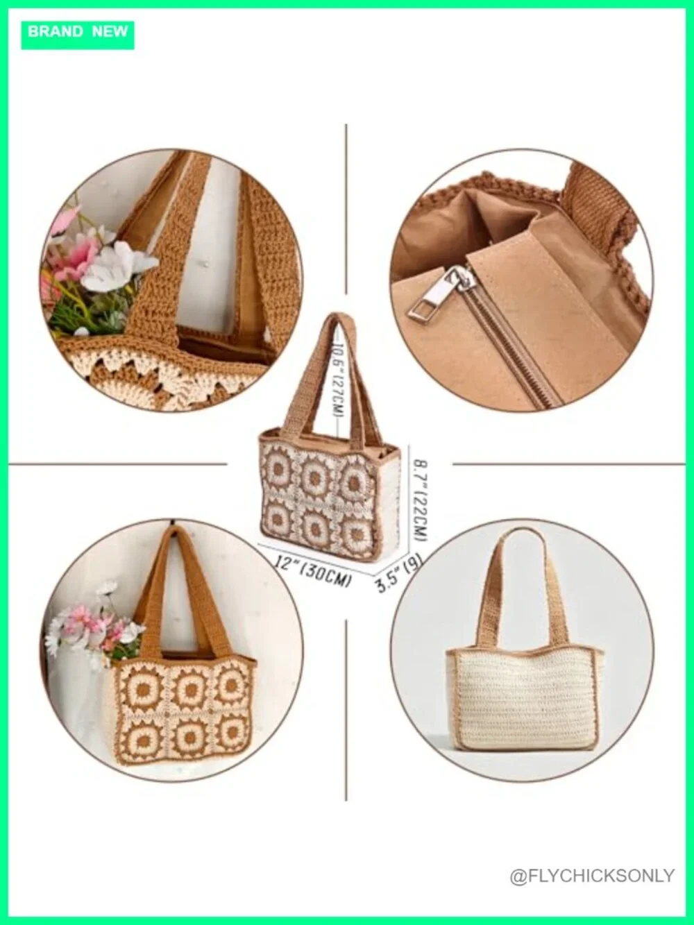 Crochet Beach Bag Straw Tote Floral Woven Shoulder Hobo Purse